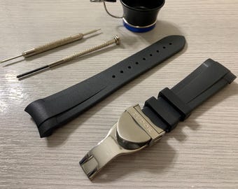 Tudor 22mm Black Rubber Men’s Wrist Watch Strap With Stainless Steel Deployment Buckle Clasp Solid