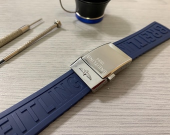 Correa de reloj Breitling de caucho azul oscuro desplegable de 22 mm/24 mm con hebilla de cierre desplegable de acero inoxidable pulido sólido