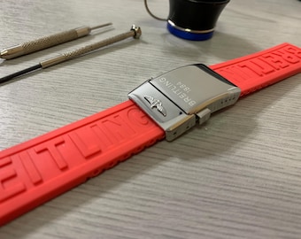 22mm/24mm Breitling Red Deployment Rubber Wrist Watch Strap With Stainless Steel Deployment Polished Clasp Buckle Solid