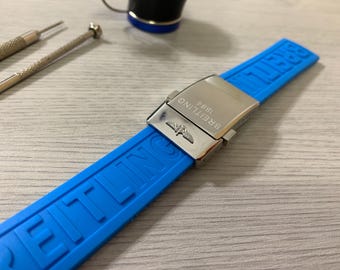 22mm/24mm Breitling Sky/Light Blue  Deployment Rubber Wrist Watch Strap With Stainless Steel Deployment Polished Clasp Buckle Solid