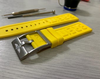 22mm/24mm Breitling Yellow Rubber Wrist Watch Strap With Stainless Steel Buckle Solid