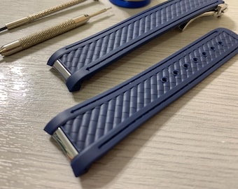 Correa de reloj de pulsera para hombre Seamaster Aqua Terra de 20 mm con costuras azules y blancas de caucho y cierre de hebilla desplegable de acero inoxidable. Sólida.