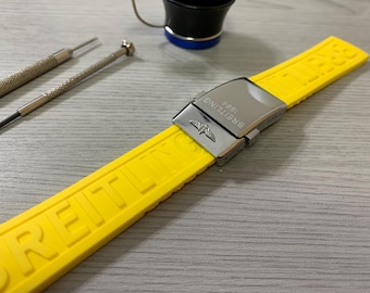 22mm/24mm Breitling Yellow Deployment Rubber Wrist Watch Strap With Stainless Steel Deployment Polished Clasp Buckle Solid