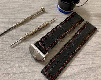 20mm/22mm Tag heuer Black/ Red Stitch Leather Men’s Wrist Watch Strap With Stainless Steel Deployment Buckle Clasp Solid
