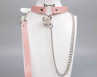 Custom Engraved Pink Cat Ear Bell Collar, Faux Leather Adjustable O Ring Choker with Detachable Chain, Personalized Gift for Her