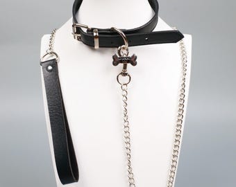 Personalized Black Leather Choker with Dog Bone Charm, Laser Engraved Name, Couples Gift, Adjustable