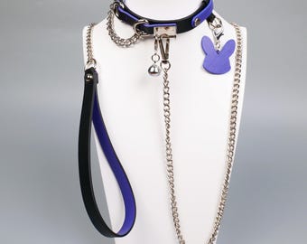 Purple Black Leather Collar, Custom Engraved Choker with Removable Bell & Bunny Charm