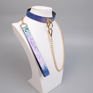 May include: A blue and purple iridescent collar and leash set. The collar is displayed on a white mannequin head. The set includes a gold chain and hardware. The leash is a matching iridescent material.