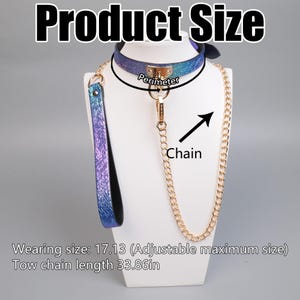 May include: A blue and purple iridescent collar with a gold-colored chain and leash. The collar has a gold-colored clasp. The text "Product Size" is at the top of the image. The wearing size is 17.13 inches, and the tow chain length is 33.86 inches.