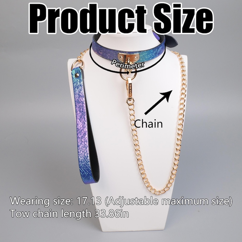 May include: A blue and purple iridescent collar with a gold-colored chain and leash. The collar has a gold-colored clasp. The text "Product Size" is at the top of the image. The wearing size is 17.13 inches, and the tow chain length is 33.86 inches.