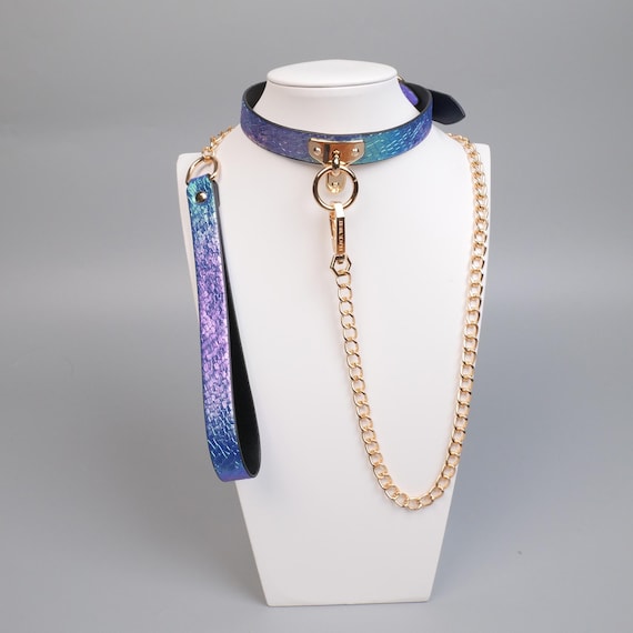 Blue Purple Gradient Faux Leather Snake Texture Collar with Gold Chain, O Ring Choker Gift for Her