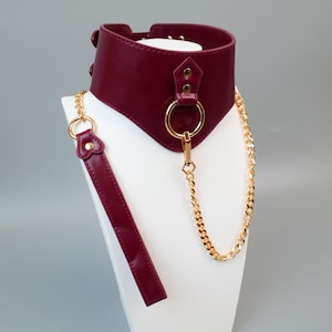 Gargantilla ancha de cuero burdeos con cadena, anillas doradas y collar ajustable, collar gótico punk para regalo alternativo