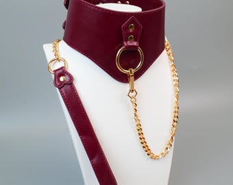 Burgundy Wide Leather Choker with Chain Set, Gold O-Rings & Adjustable Collar, Punk Gothic Necklace for Alternative Gift