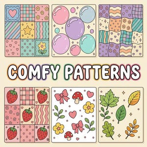 May include: A collection of six rectangular panels featuring colorful illustrations including patchwork squares with hearts, stars, and flowers, floating bubbles, strawberries, bows, mushrooms, and various green and yellow autumn leaves with the text COMFY PATTERNS.