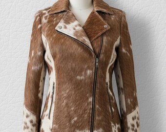 Giacca in pelle di mucca per donna - Cappotto alla moda in pelle di mucca con pelo naturale / Giacca in vera pelliccia