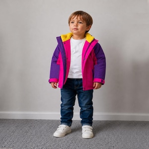 May include: A color-blocked jacket featuring a bright pink center, purple sleeves, and a yellow inner lining. The jacket is worn over a plain white t-shirt and dark blue denim jeans, paired with simple white sneakers for a complete outfit.
