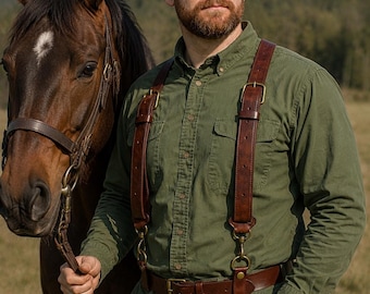 Handmade Dark Brown Leather Suspenders for Men, Adjustable Heavy Duty Rustic Western Work Suspender