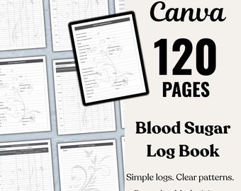 Blood Sugar Log Book, Diabetes Tracker & Health Journal, Fillable PDF and Canva Template