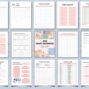 May include: A collection of printable planner pages with a soft pink and white color scheme. Includes calendars for August and May 2026, checklists, financial trackers, and project planning templates. The central page reads "2026 Craft Business Organization."