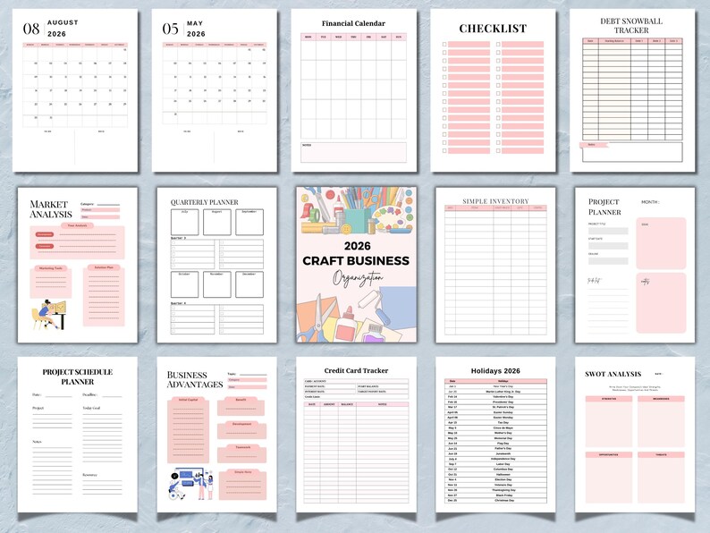 May include: A collection of printable planner pages with a soft pink and white color scheme. Includes calendars for August and May 2026, checklists, financial trackers, and project planning templates. The central page reads "2026 Craft Business Organization."