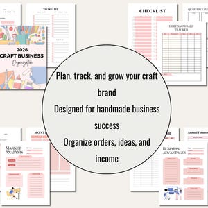 May include: A collection of pink and white printable planner pages for craft business organization. Includes a cover with "2026 Craft Business Organization" and text: "Plan, track, and grow your craft brand". Pages include checklists, schedules, and financial trackers.