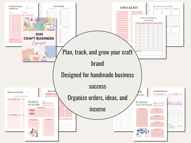 May include: A collection of pink and white printable planner pages for craft business organization. Includes a cover with "2026 Craft Business Organization" and text: "Plan, track, and grow your craft brand". Pages include checklists, schedules, and financial trackers.