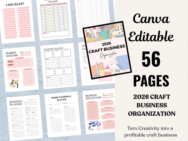 2026 Craft Business Organization Planner – Digital Workbook | Canva Editable & Printable PDF image 1