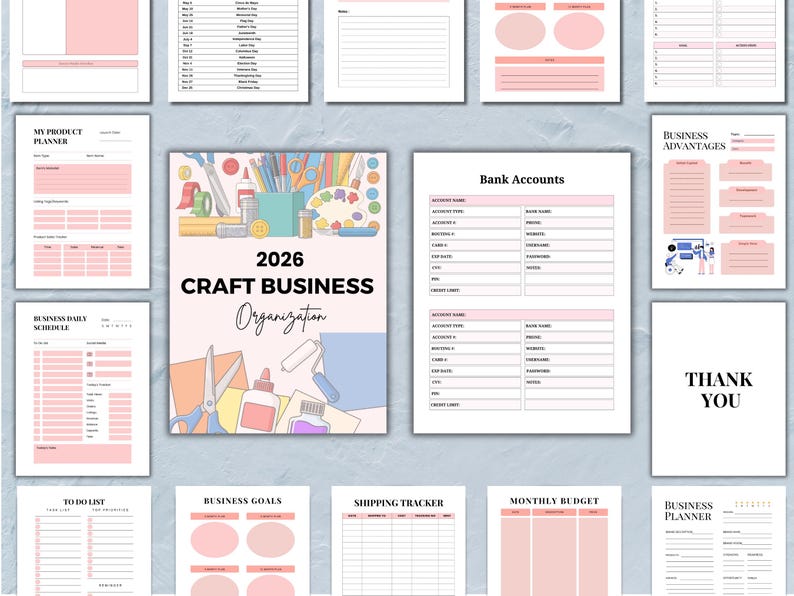 May include: A collection of pink and white printable planner pages for craft business organization. Includes sections for product planning, daily schedules, business goals, and a shipping tracker. The central page reads "2026 Craft Business Organization."