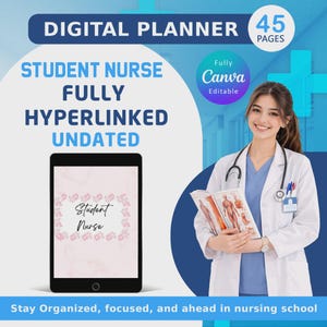 Puede incluir: Planificador digital para estudiantes de enfermería. La imagen muestra una tableta que muestra un diseño floral rosa con las palabras "Student Nurse". El texto también incluye "Fully Hyperlinked Undated" y "45 Pages". Una persona sonriente con bata blanca sostiene un libro.