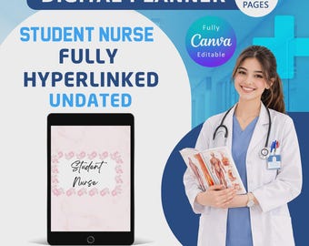 May include: Digital planner for student nurses. The image shows a tablet displaying a pink floral design with the words "Student Nurse." The text also includes "Fully Hyperlinked Undated" and "45 Pages." A smiling person in a white coat holds a book.