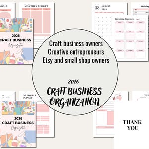 May include: A collection of printable planner pages for craft business owners. The pages include sections for business goals, monthly budgets, daily schedules, and product planning. The design features a soft pink color scheme with illustrations of craft supplies.