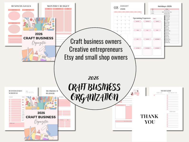 May include: A collection of printable planner pages for craft business owners. The pages include sections for business goals, monthly budgets, daily schedules, and product planning. The design features a soft pink color scheme with illustrations of craft supplies.