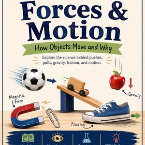 May include: Educational poster titled "Forces & Motion" by Curiosity Quest Co. It illustrates concepts like gravity, friction, and magnetic force with a soccer ball, a toy car on a ramp, a red apple, a blue shoe, and a magnet.