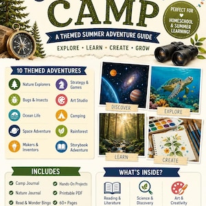 Pode incluir: Um guia de aventuras de verão de 12 semanas intitulado Curiosity Camp com temas como natureza, espaço e arte. O documento inclui seções para 10 aventuras temáticas, uma lista de materiais incluídos e áreas de aprendizagem.