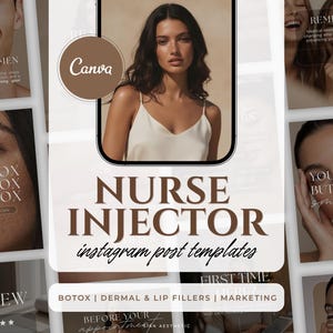 Könnte beinhalten: Instagram-Postvorlagen für Krankenschwestern. Das Design zeigt eine Frau in einem weißen Oberteil auf einem Telefonbildschirm mit Textüberlagerung: "Nurse Injector Instagram Post Templates". Zusätzlicher Text enthält "Botox, Dermal & Lip Fillers, Marketing".