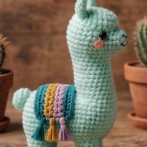 May include: A crocheted llama in a soft, mint green colour. It has a colourful blanket with teal, gold, and lavender stripes, and matching tassels. The llama has black eyes, a pink cheek, and is standing on a wooden surface.