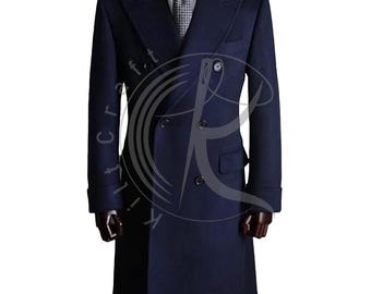 Abrigo de lana azul marino para hombre / Abrigo de invierno formal con solapa de pico y doble botonadura