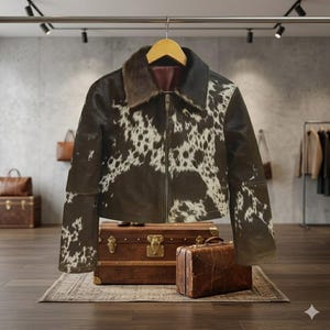 May include: A jacket featuring a dark brown and white cowhide print pattern on the front and sleeves. The garment has a dark brown faux fur collar, a central metal zipper closure, and is displayed on a wooden hanger against a neutral background.