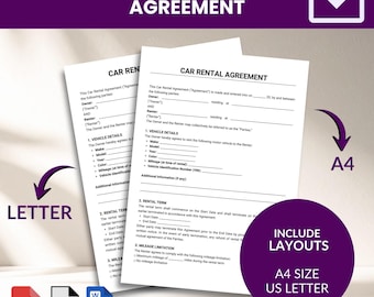 Plantilla de contrato de alquiler de coche / PDF editable, Word / A4 y Carta (descarga inmediata)