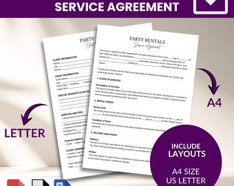 Plantilla de contrato de alquiler para fiestas/Contrato de servicios para eventos editable (descarga inmediata)