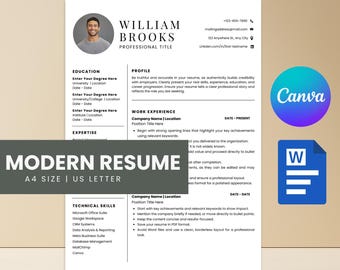 Modern Resume Template with Photo, Cover Letter (Canva Download)