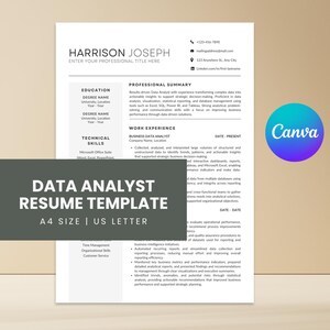 Peut inclure: Un modèle de CV blanc pour analyste de données avec du texte noir, comprenant des sections pour le résumé professionnel, l'éducation, les compétences techniques et l'expérience professionnelle. Le document indique format A4 et US Letter.