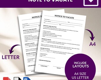 Plantilla de aviso de desalojo / Aviso de desalojo editable / Formato imprimible A4 y carta de EE. UU. / Formulario legal para propietarios