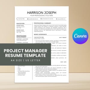 May include: A professional CV template for a project manager featuring black text on a white background. The document includes sections for education, professional summary, and work experience, with placeholders for contact information and skills.