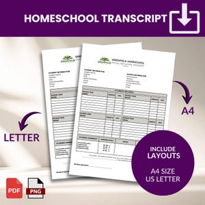 Può includere: Modello di trascrizione scolastica a casa con il testo "Homeschool Transcript" in alto. Il documento include sezioni per le informazioni sullo studente, i registri accademici e le scale di valutazione. L'immagine mostra anche le icone dei file PDF e PNG e il testo "A4 Size US Letter".