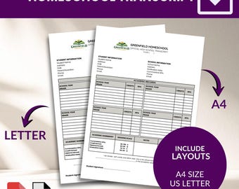 Plantilla editable de expediente académico para educación en el hogar y boletín de calificaciones universitarias (descarga digital)