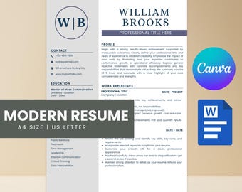 Modern Resume Template Canva, Professional ATS Friendly CV Template, Editable  Curriculum Vitae