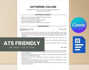 ATS Friendly Resume Template, Professional CV, Cover Letter (Canva, Word Download)
