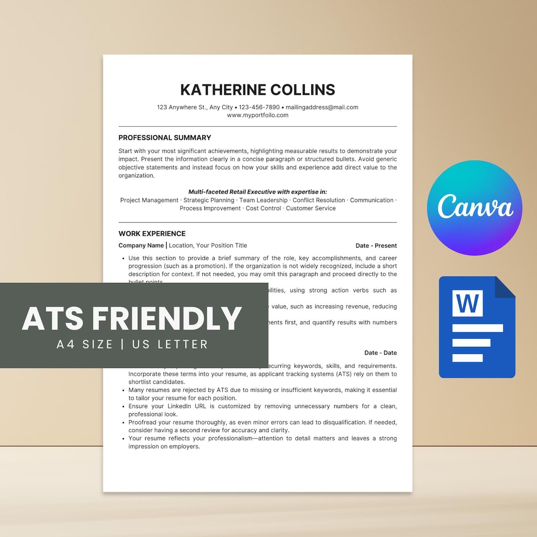 ATS Friendly Resume Template, Professional CV Cover Letter (canva ...