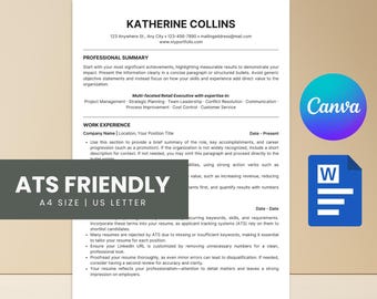 ATS Friendly Resume Template, Professional CV Cover Letter (Canva Editable)